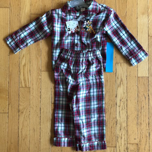 Brand New Disney Christmas Plaid 2-Piece Pajamas PJs with Mickey & Pluto - Picture 1 of 5